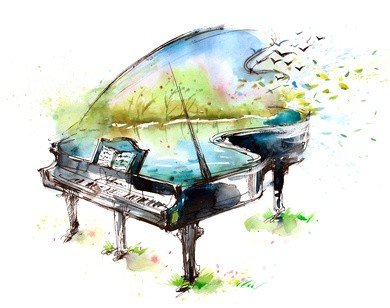 Watercolour illustration of a grand piano